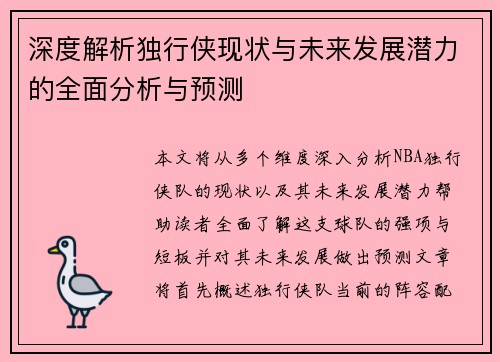 深度解析独行侠现状与未来发展潜力的全面分析与预测
