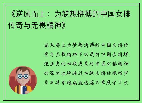 《逆风而上：为梦想拼搏的中国女排传奇与无畏精神》
