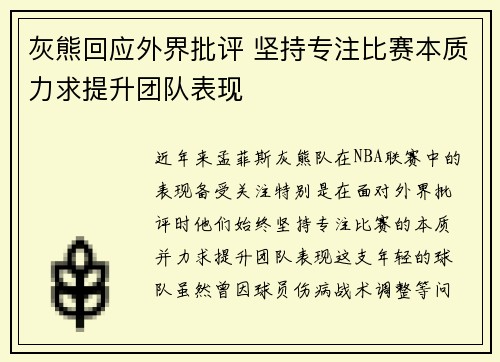 灰熊回应外界批评 坚持专注比赛本质力求提升团队表现