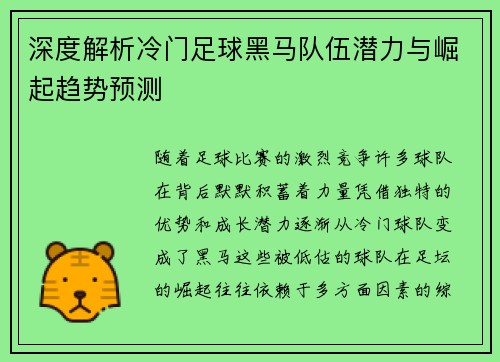 深度解析冷门足球黑马队伍潜力与崛起趋势预测