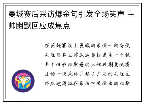 曼城赛后采访爆金句引发全场笑声 主帅幽默回应成焦点