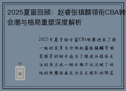 2025夏窗回顾：赵睿张镇麟领衔CBA转会潮与格局重塑深度解析