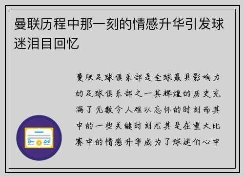 曼联历程中那一刻的情感升华引发球迷泪目回忆