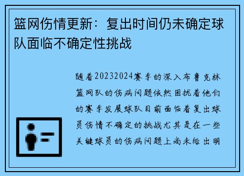 篮网伤情更新：复出时间仍未确定球队面临不确定性挑战