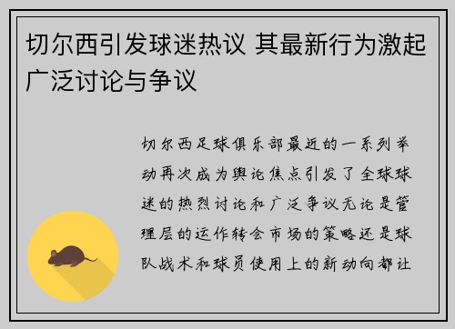 切尔西引发球迷热议 其最新行为激起广泛讨论与争议